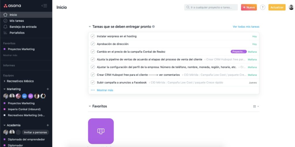 interfaz de asana para proyectos